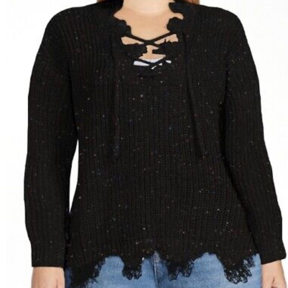 Women’s Plus Black Speckled Lace Up Distressed Sweater Size Juniors XXL (19)